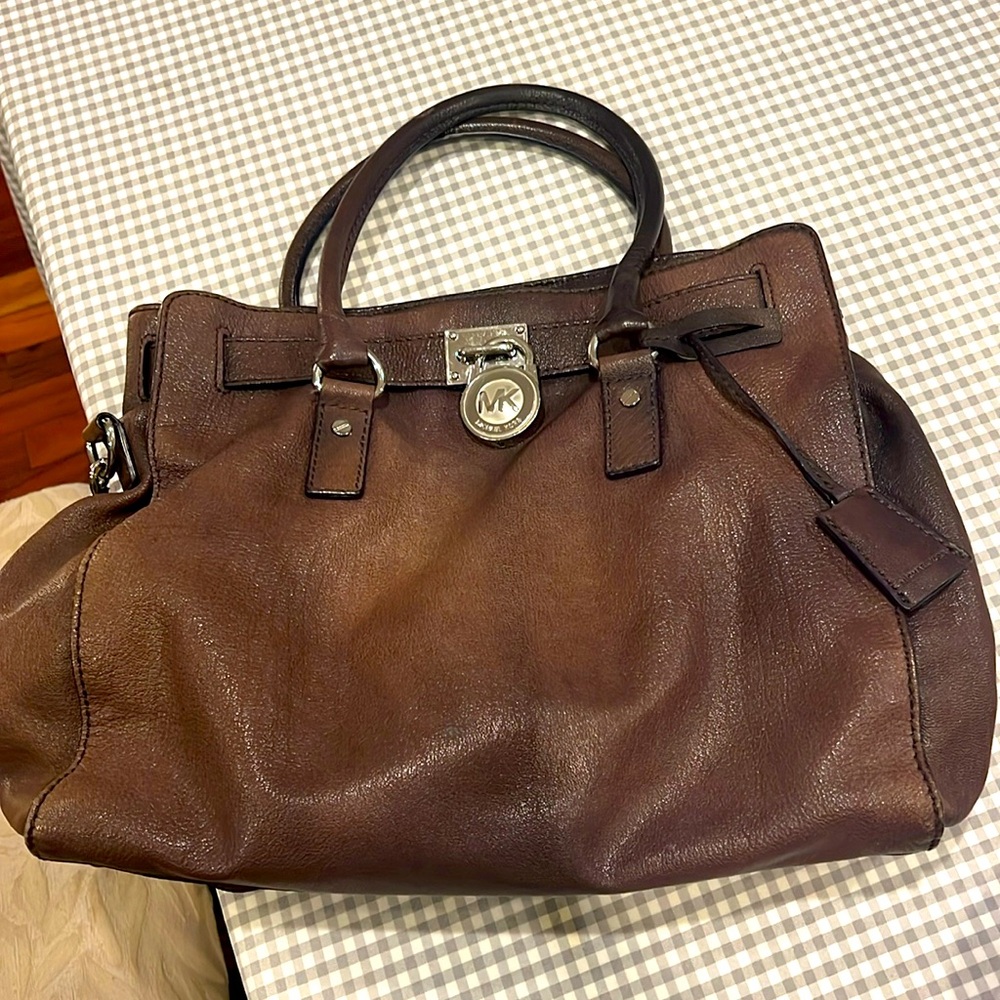 Michael Kors Hamilton Shoulder Bag Brown Leather Satchel Lock Key-